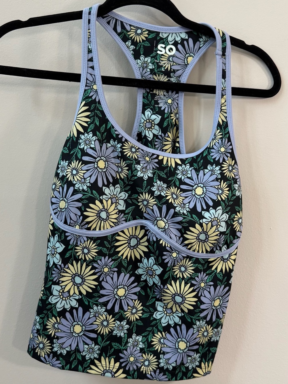 SO The Sporty Crop Tank Top Black Floral Racerback - Yellow & Lavender